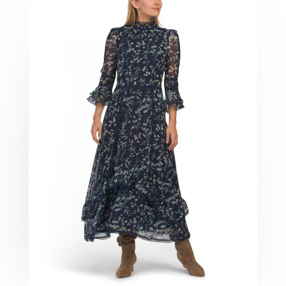 Dalia Macphee
Navy Floral Dress with Ruffle Details